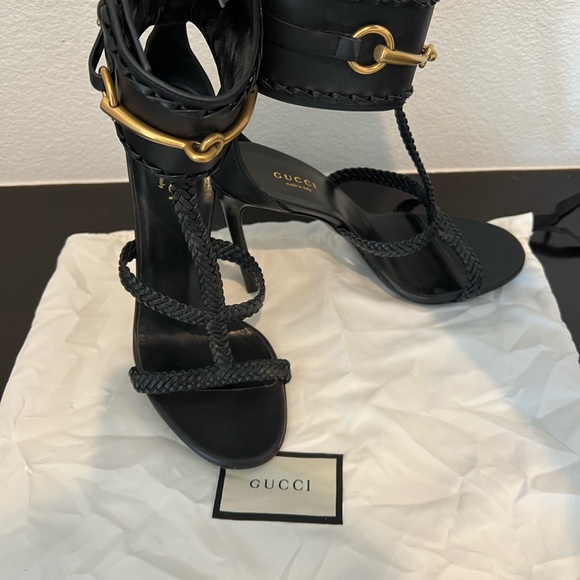 Gucci Black Leather & Gold Horse Bit Ankle Cuff Stiletto Heel Gladiator Sandal - Picture 11 of 15